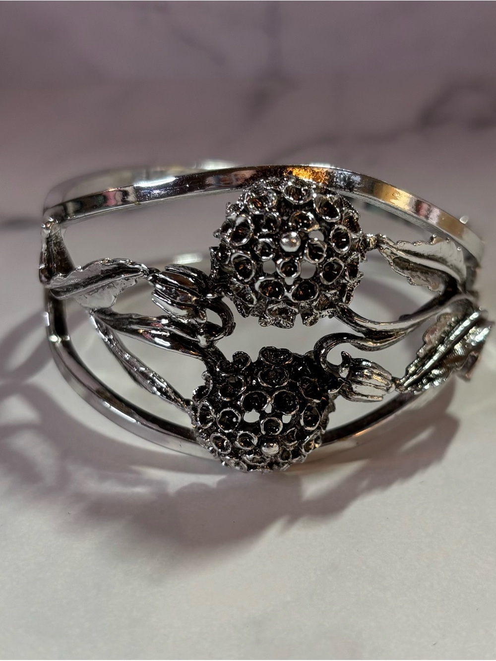 Floral Silver-Tone Clamper Bracelet